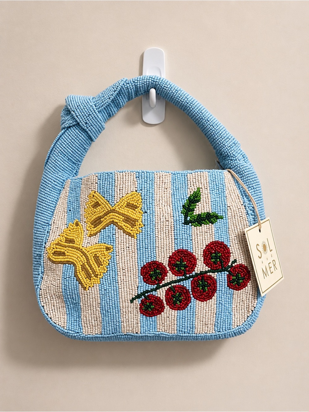 Pasta & Tomato Beaded Stripe Hand Bag